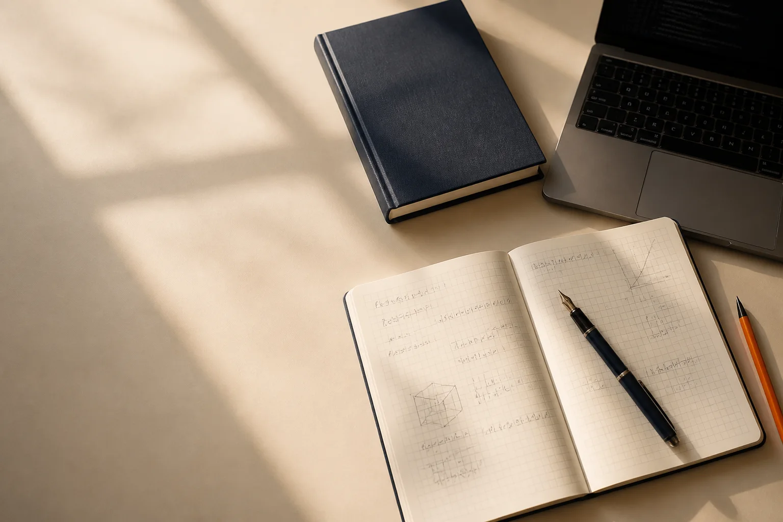 Libri aperti, appunti e computer su una scrivania di studio